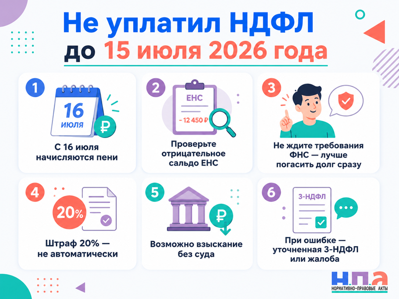 Не уплатил НДФЛ до 15 июля 2026 года пени, требование ФНС и взыскание задолженности