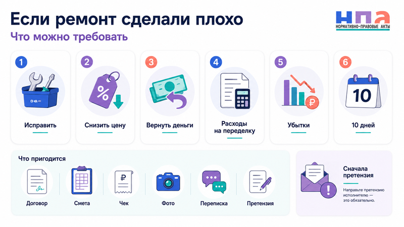 Некачественный ремонт квартиры претензия, экспертиза, неустойка и суд
