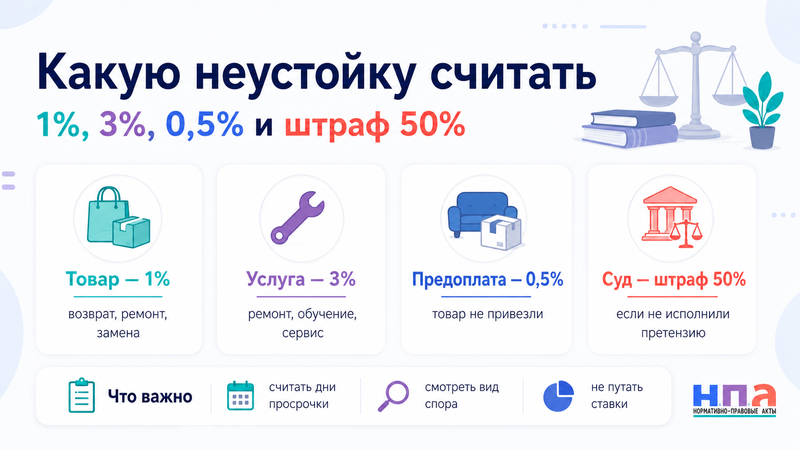 Неустойка по закону о защите прав потребителей как считать 1%, 3% и штраф 50%