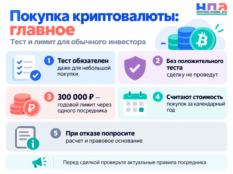 Нужен ли тест для покупки криптовалюты и как считать лимит 300 тысяч