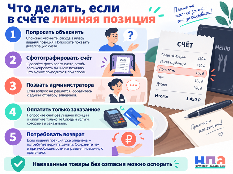 Нужно ли платить за хлеб, воду или закуску, которые не заказывали