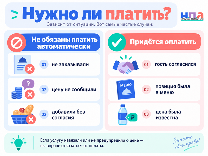Нужно ли платить за хлеб, воду или закуску, которые не заказывали