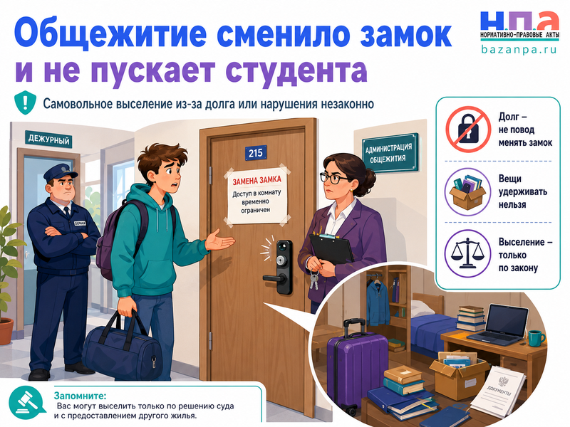 Общежитие сменило замок, не пускает студента в комнату или удерживает его вещи из-за долга либо дисциплинарного нарушения