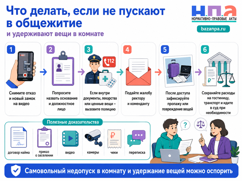 Общежитие сменило замок, не пускает студента в комнату или удерживает его вещи из-за долга либо дисциплинарного нарушения