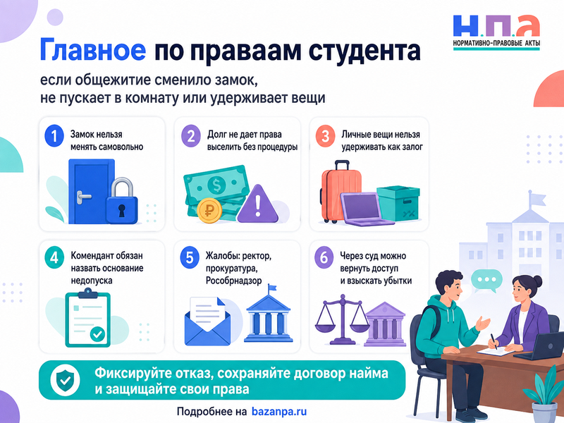 Общежитие сменило замок, не пускает студента в комнату или удерживает его вещи из-за долга либо дисциплинарного нарушения