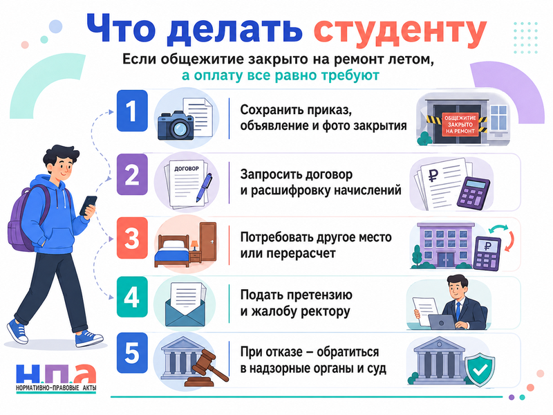 Общежитие требует оплачивать летние месяцы, хотя здание закрыто, комната опечатана или проживание запрещено