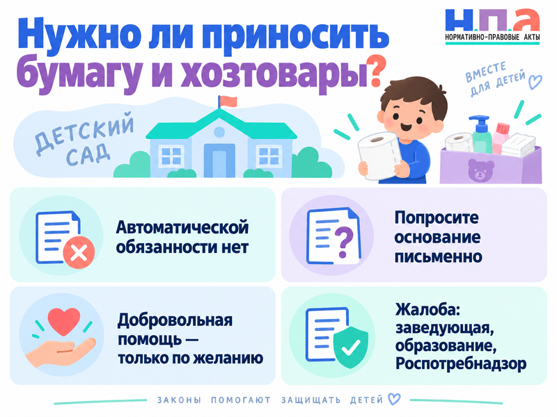 Обязаны ли родители приносить туалетную бумагу и хозтовары в детсад