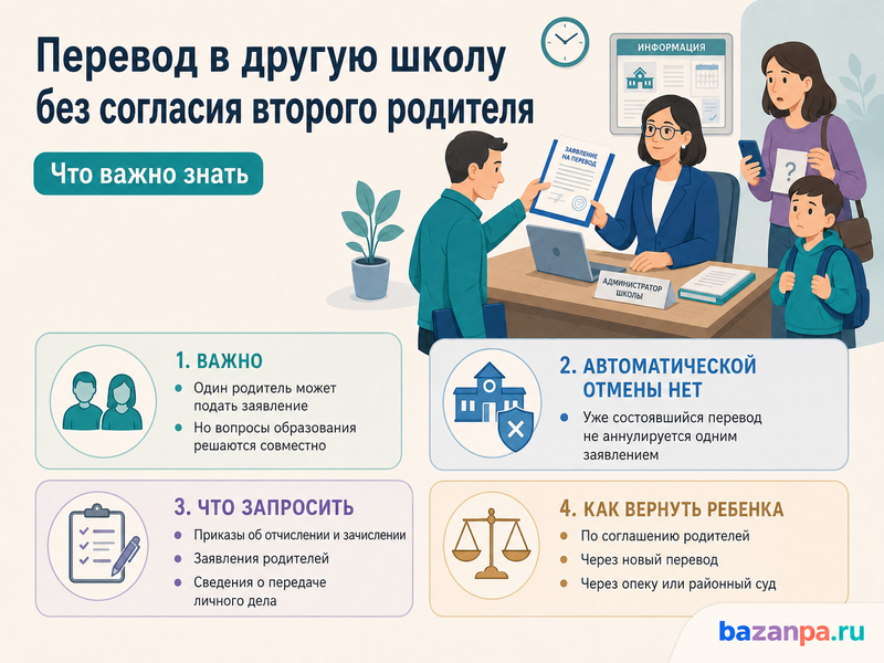Один родитель перевел ребенка в другую школу без согласия второго можно ли отменить перевод
