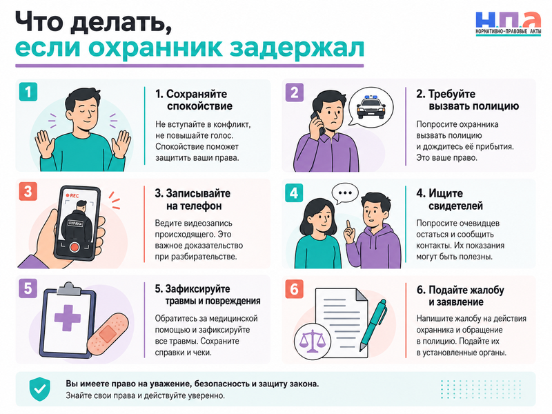 Охранник магазина незаконно задержал покупателя, досмотрел сумку или применил силу что делать