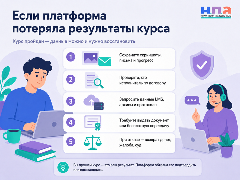 Онлайн-платформа потеряла результаты курса или экзамена как подтвердить обучение, получить документ или вернуть деньги