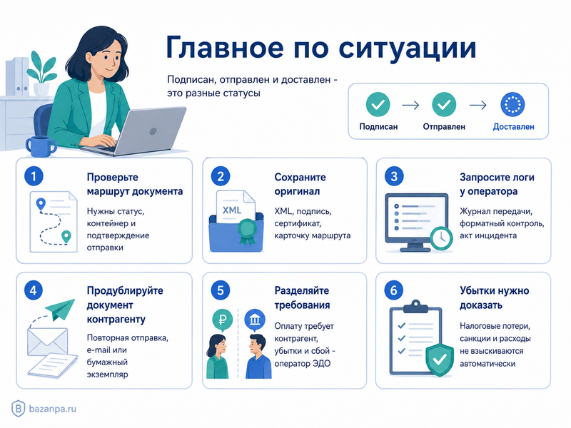 Оператор ЭДО не доставил подписанный УПД, акт или договор: кто отвечает за налоговые потери, неустойку и неоплату