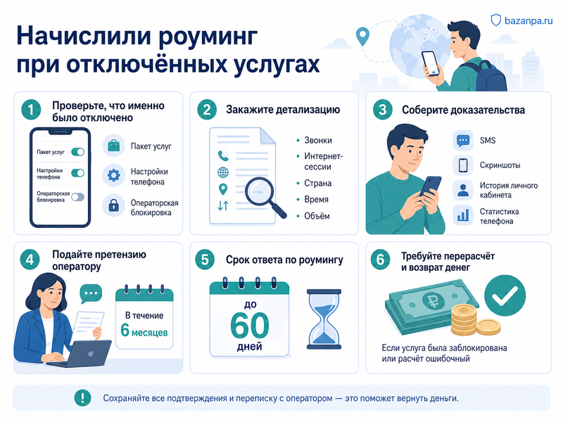Оператор начислил плату за мобильный интернет или звонки в роуминге, хотя услуги были отключены детализация и перерасчёт