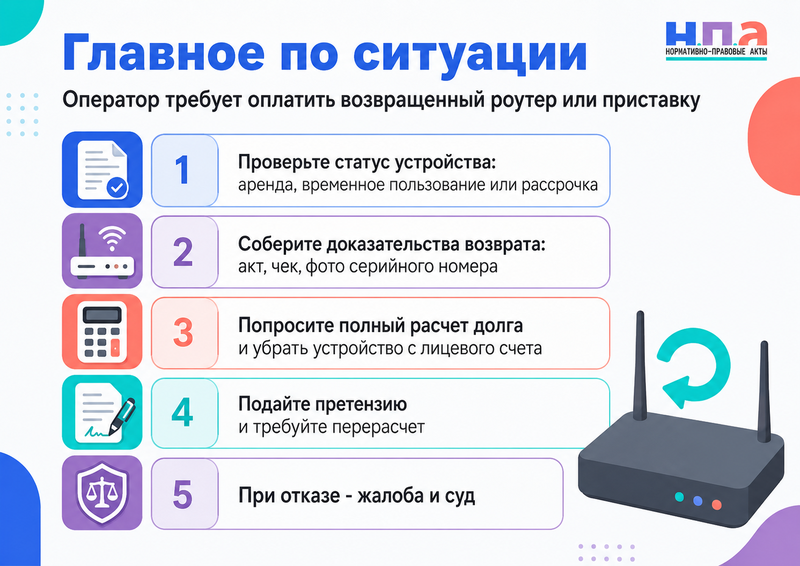 Оператор связи требует оплатить роутер, приставку или модем, которые абонент уже вернул