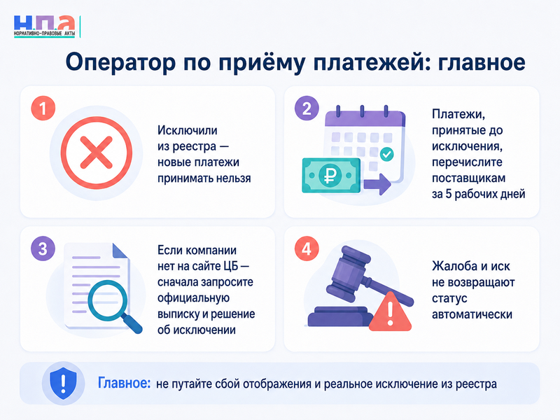 Оператора по приёму платежей исключили из реестра Банка России или компания не отображается