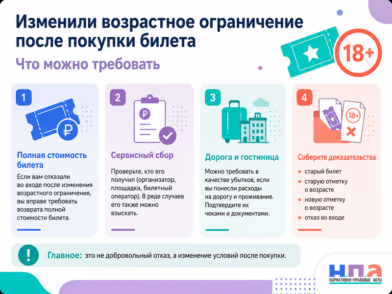 Организатор изменил возрастное ограничение после покупки билета и не пустил посетителя как вернуть деньги