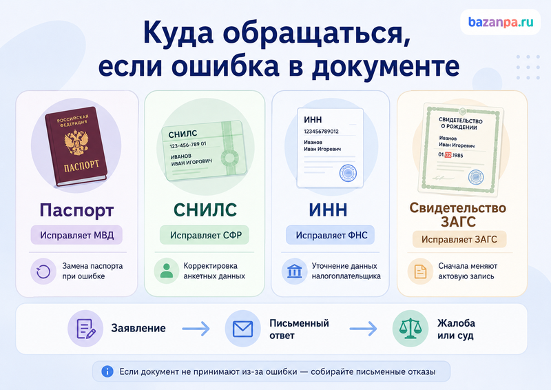 Ошибка в паспорте, СНИЛС, ИНН или свидетельстве ЗАГС как исправить данные