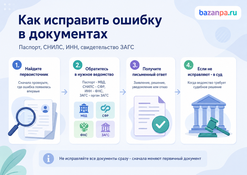 Ошибка в паспорте, СНИЛС, ИНН или свидетельстве ЗАГС как исправить данные