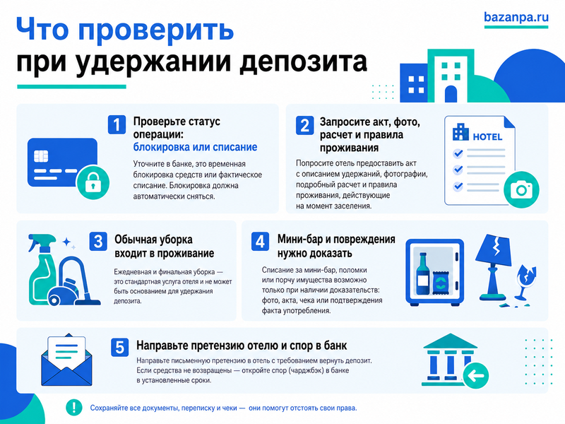Отель удержал депозит за мини-бар, уборку или повреждение номера как оспорить списание