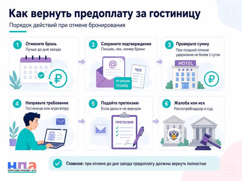 Отмена бронирования гостиницы когда должны вернуть предоплату в 2026 году