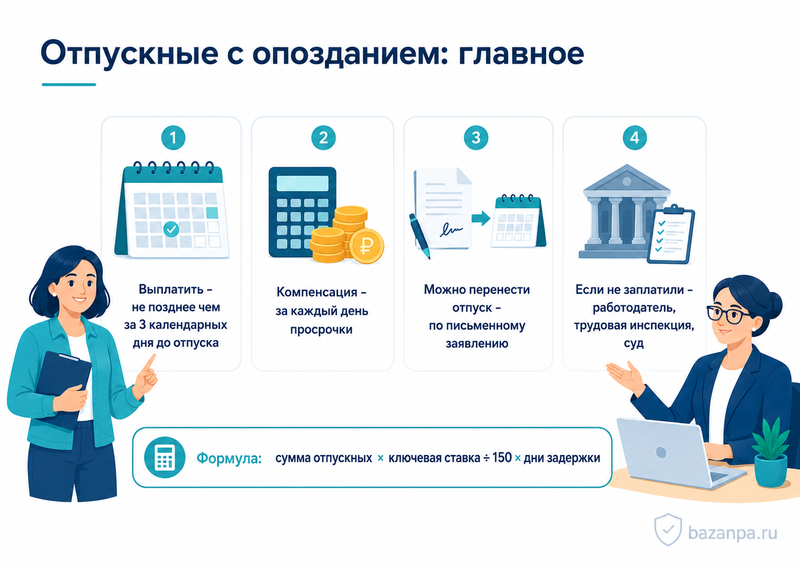 Отпускные выплатили с опозданием: компенсация и перенос отпуска