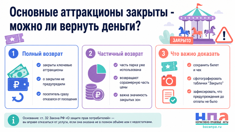 Парк продал билет по полной цене, но основные аттракционы закрыты можно ли вернуть деньги