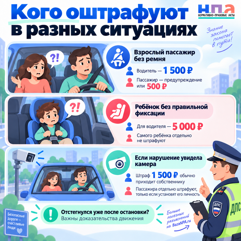 Пассажир не пристегнулся кого оштрафуют - его, водителя или обоих