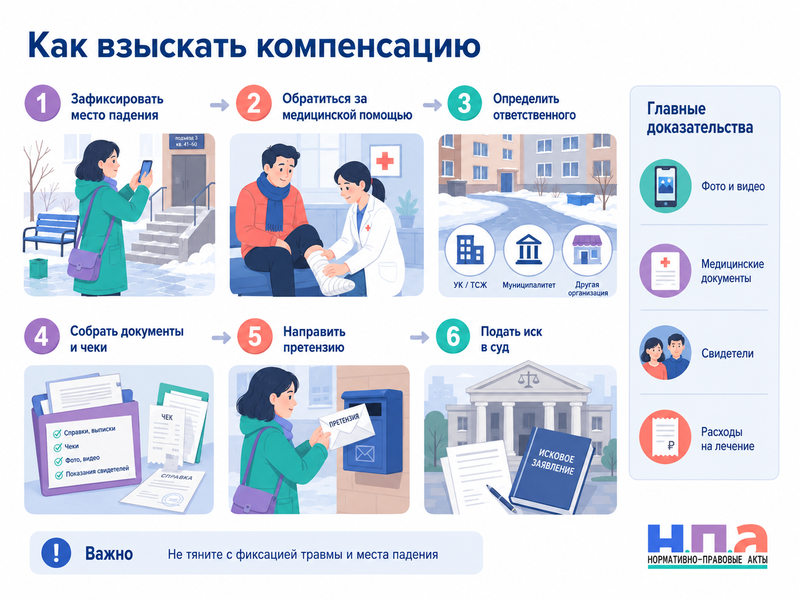Пешеход упал на тротуаре, лестнице или во дворе кто отвечает за травму и как взыскать компенсацию