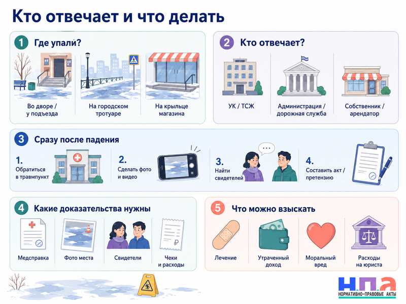 Пешеход упал на тротуаре, лестнице или во дворе кто отвечает за травму и как взыскать компенсацию