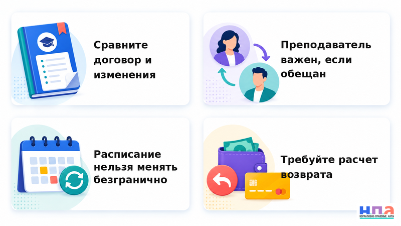 Платная образовательная организация изменила программу, преподавателя или расписание как вернуть деньги