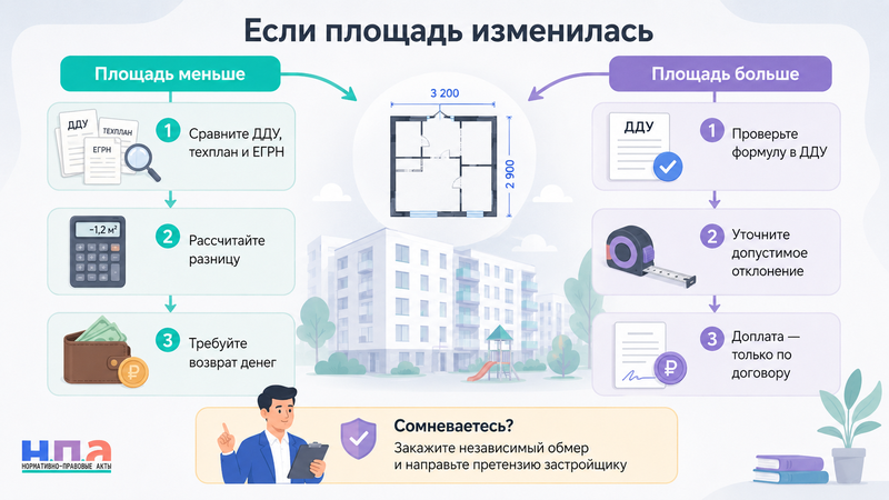 Площадь квартиры в новостройке отличается от договора доплата, возврат денег и изменение цены