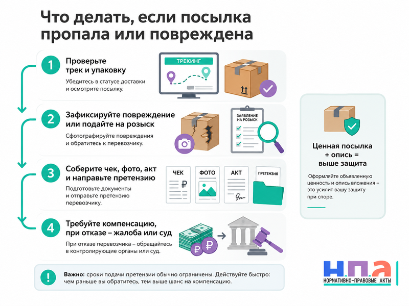Почта или курьерская служба потеряла либо повредила посылку претензия, объявленная ценность и компенсация