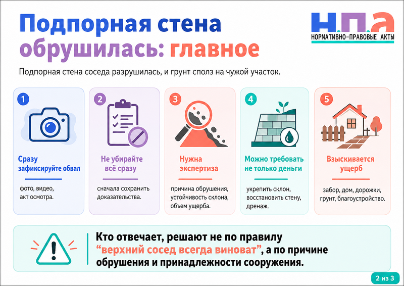 Подпорная стена соседа разрушилась, и грунт сполз на чужой участок, дом или постройки