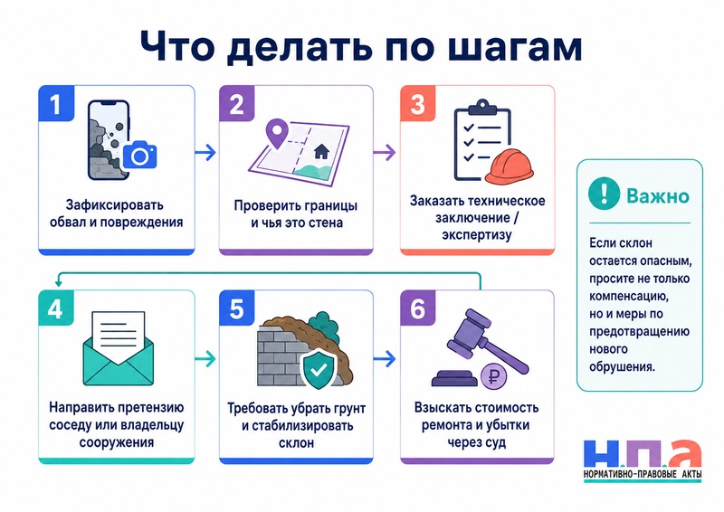Подпорная стена соседа разрушилась, и грунт сполз на чужой участок, дом или постройки
