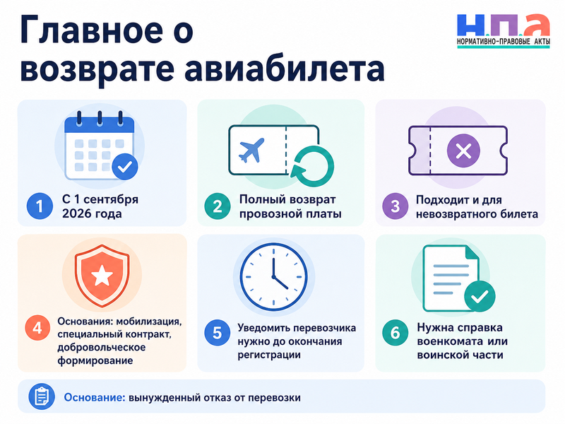 Полный возврат денег за авиабилет при мобилизации или заключении военного контракта с 1 сентября 2026 года