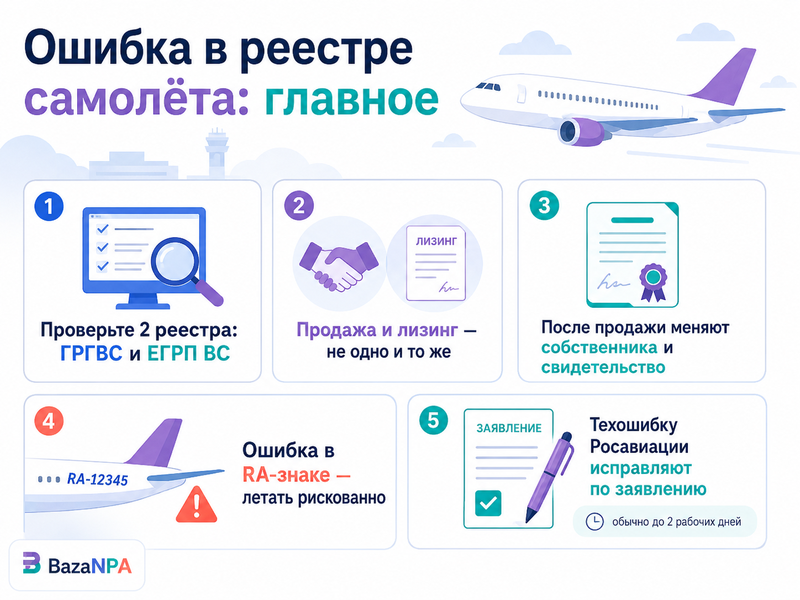 После продажи или передачи самолёта в лизинг в реестре Росавиации остались неправильные сведения - как исправить запись и продолжить эксплуатацию