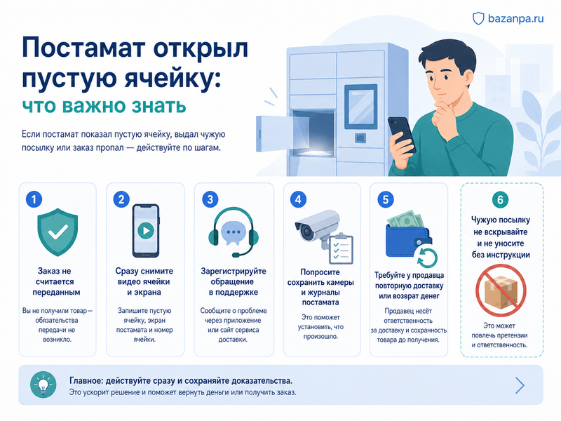 Постамат открыл пустую ячейку, выдал чужую посылку или заказ в нём отсутствует кто отвечает и как вернуть деньги