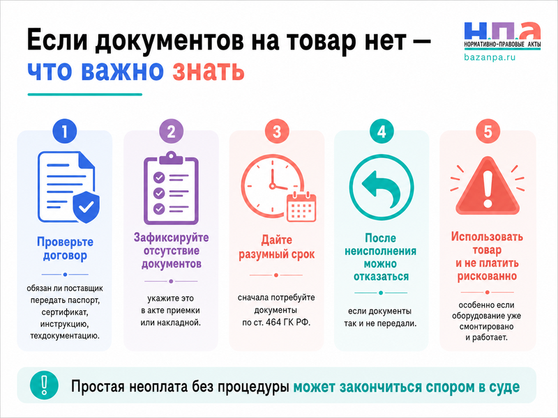 Поставщик не передал документы на товар можно ли отказаться от приемки и оплаты