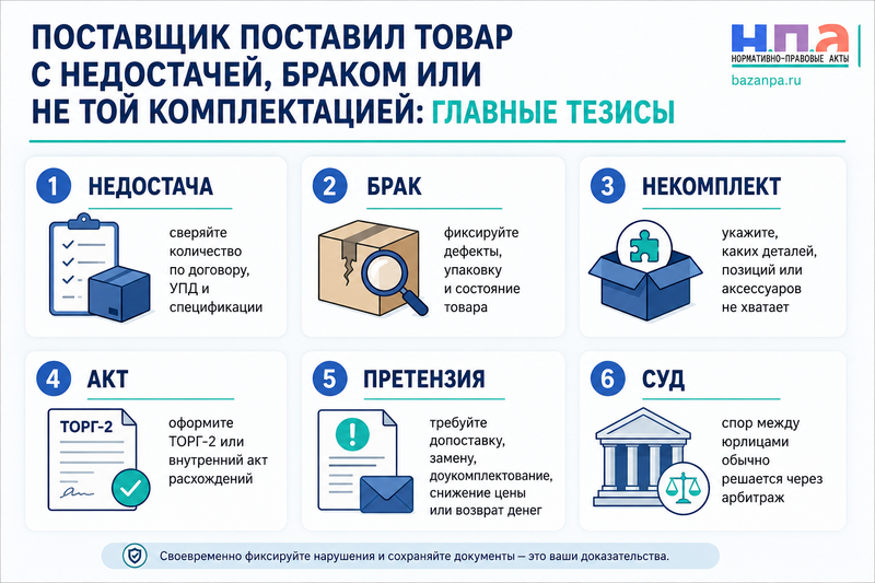 Поставщик поставил товар с недостачей, браком или не той комплектацией акт, претензия и суд между юрлицами
