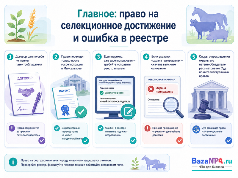 Право на сорт растения или породу животных перешло новому патентообладателю, но реестр не обновлен