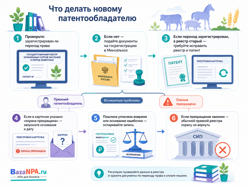 Право на сорт растения или породу животных перешло новому патентообладателю, но реестр не обновлен