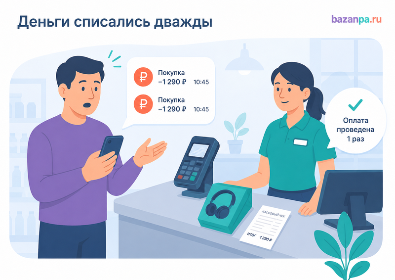 При оплате картой в магазине деньги списались дважды обращаться в банк или к продавцу