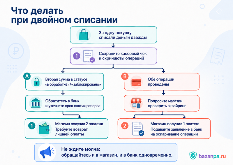 При оплате картой в магазине деньги списались дважды обращаться в банк или к продавцу
