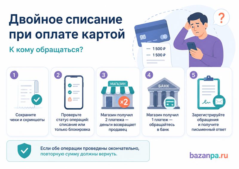 При оплате картой в магазине деньги списались дважды: обращаться в банк или к продавцу