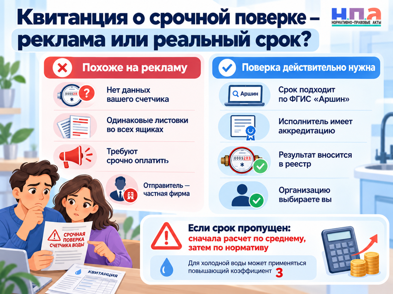 В ящик положили квитанцию о срочной поверке счетчика воды. Как проверить настоящий срок, организацию и аккредитацию и когда действительно придется платить.