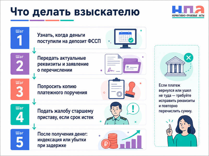 Пристав взыскал деньги, но не перечисляет взыскателю что делать