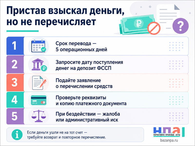 Пристав взыскал деньги, но не перечисляет взыскателю что делать