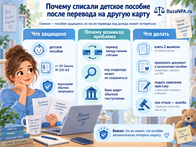 Приставы списали детское пособие после перевода на другую карту