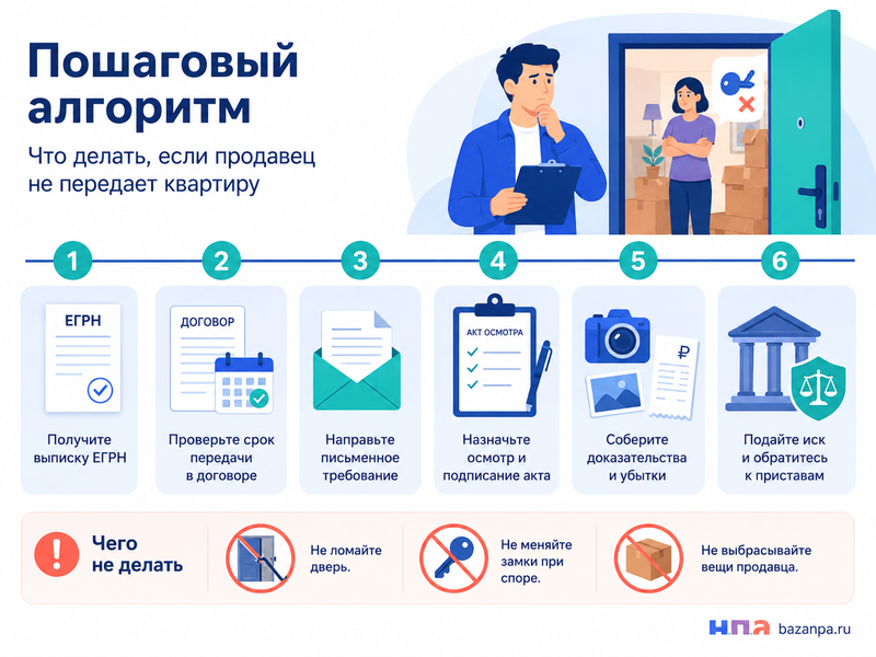 Продавец квартиры не освобождает жилье и не передает ключи после регистрации сделки что делать покупателю