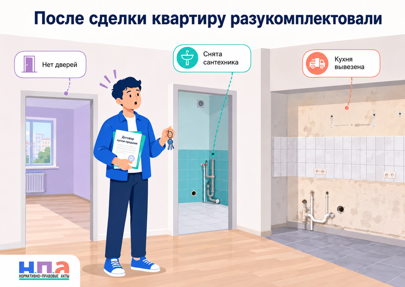 Продавец квартиры после сделки снял двери, сантехнику, встроенную кухню или другое имущество