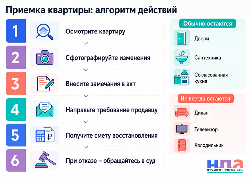 Продавец квартиры после сделки снял двери, сантехнику, встроенную кухню или другое имущество